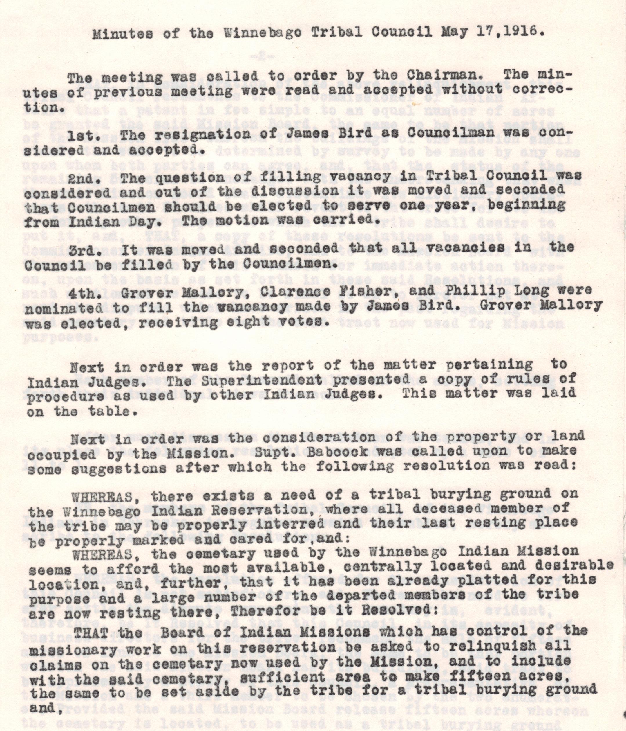 May 17, 1916: Tribal Council Minutes regarding cemetary land (1)